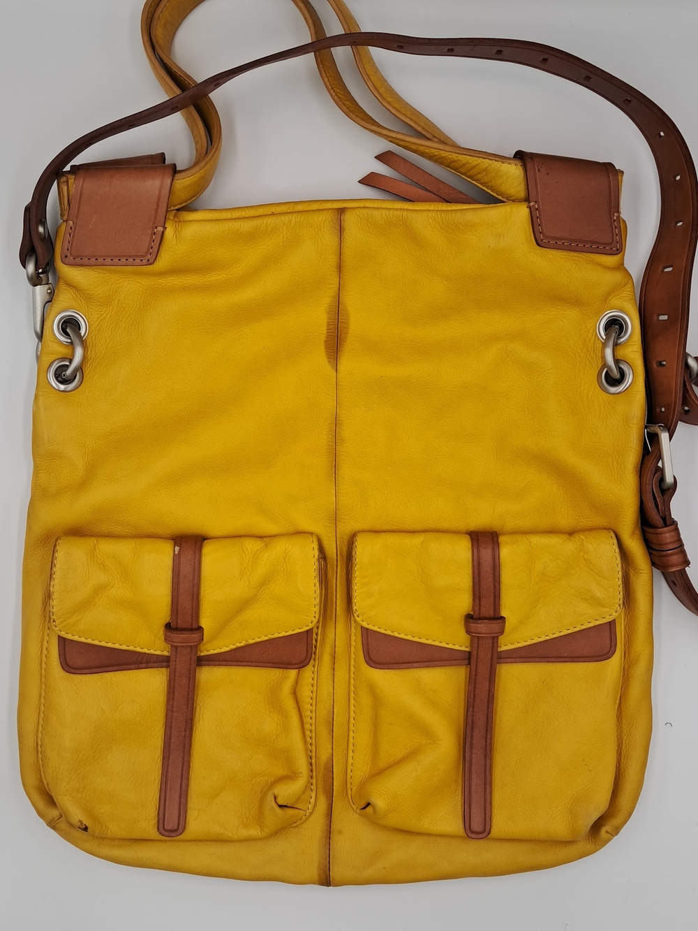 Yellow Leather Shoulder Bag with Brown Trim and Front Pockets
